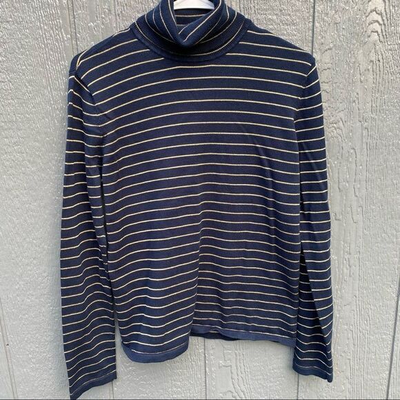 Lauren Ralph Lauren M Turtleneck Blue Gold Striped - Picture 1 of 7